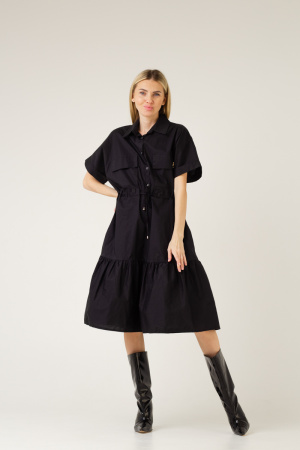 Платье J.B4 (Just Before) черное с воланами у низа, приталенное и с шнурком-утяжкой